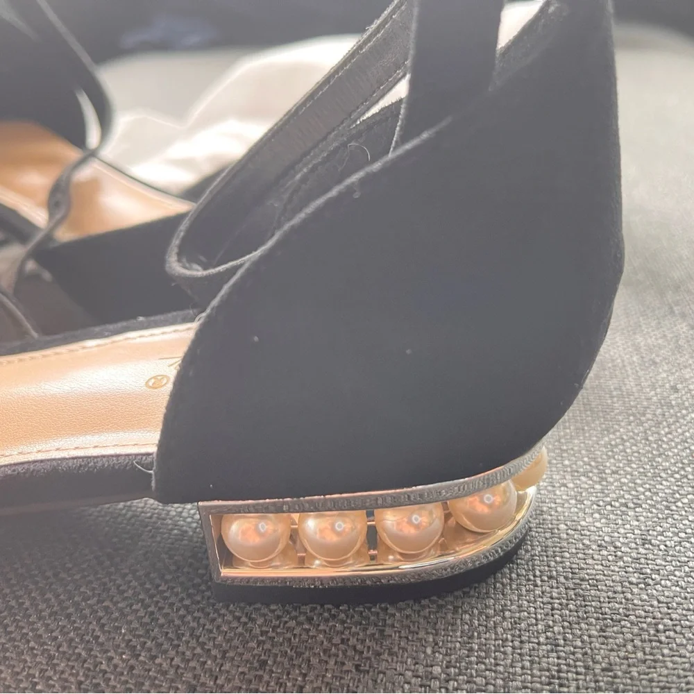 NWOT Black Suede Sandals Pearl Block Heel Ankle Strap Dress Shoes 7